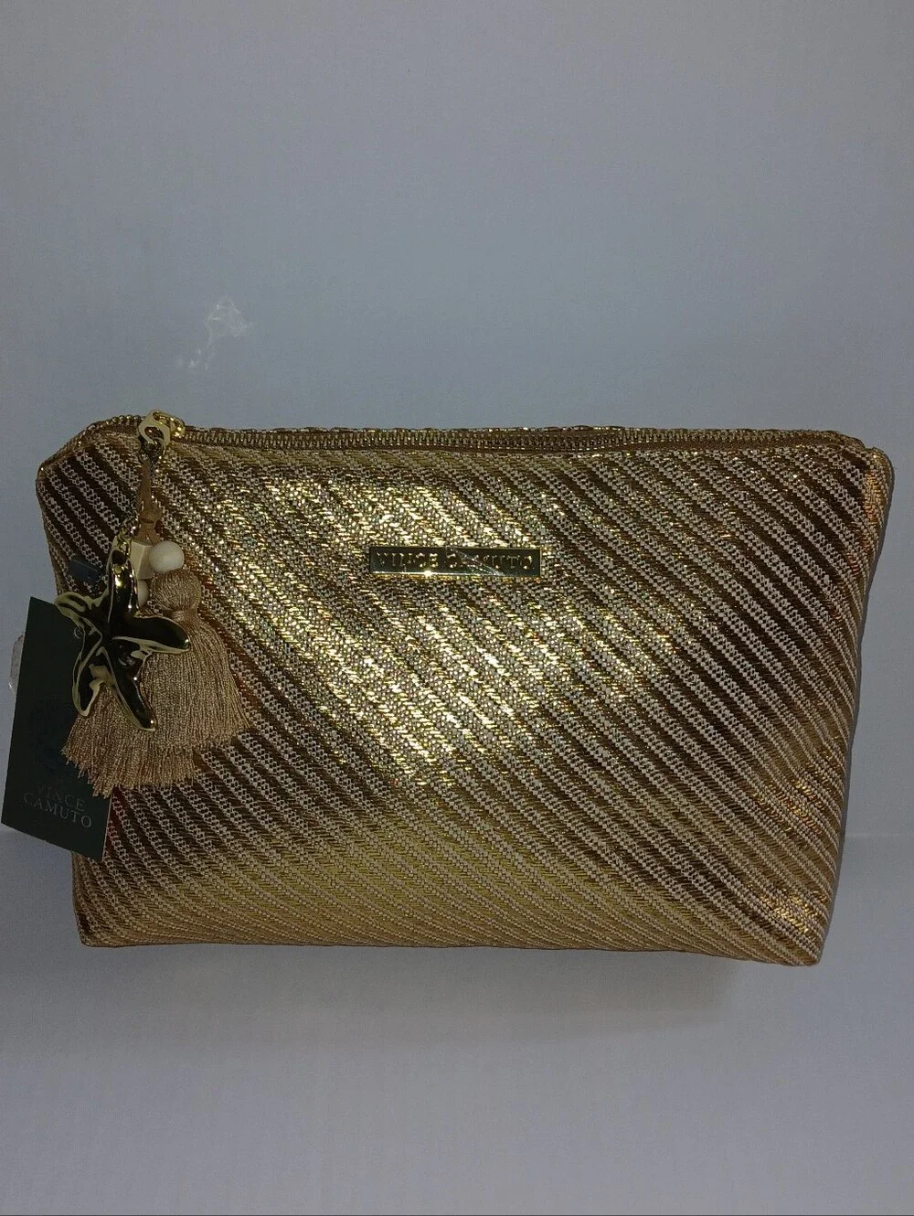 Vince Camuto Woven Canvas Metallic Cosmetic Bag with Starfish Tassel Charm, Med